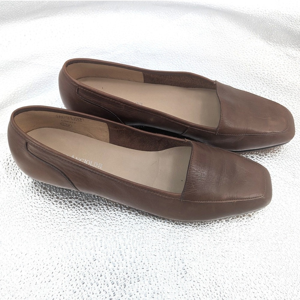 Enzo Angiolini Brown Leather Square Toe Slip On Flats Loafers Women's 7M